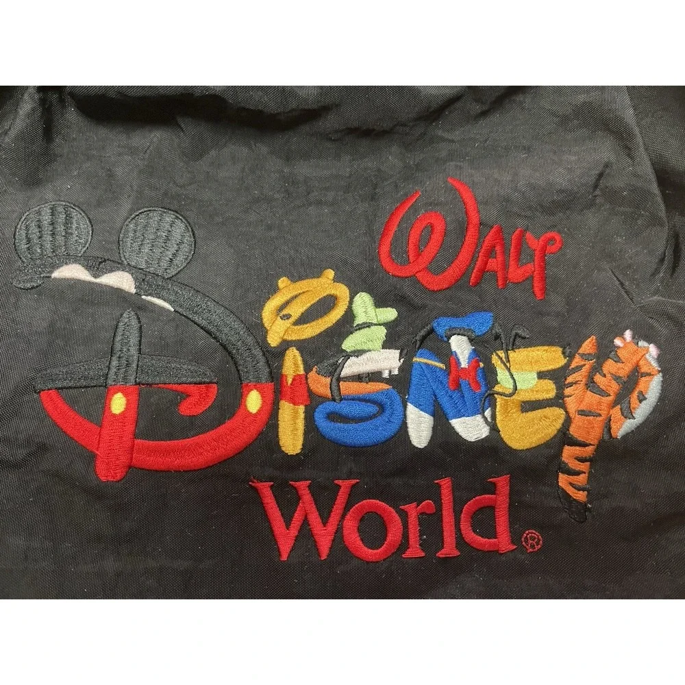 Vintage Walt Disney World Black Drawstring Backpack Embroidered 
